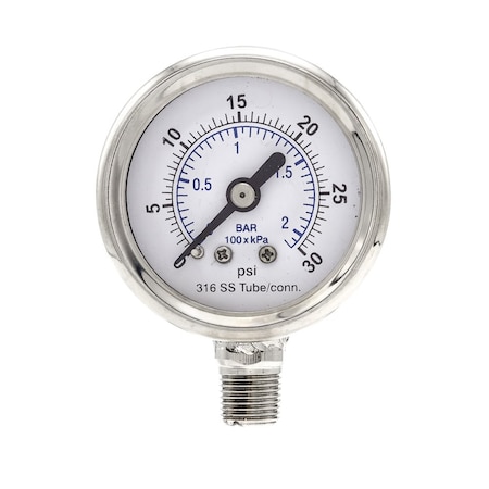 Pic Gauges 1 1/2 in Dial, 1/8 in NPT Male Lower Location, Stainless Steel Case Material PRO-301D-158C-01